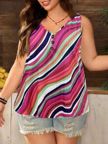 SHEIN EMERY ROSE CURVE Plus Size Women's Button Design V-Neck Striped Casual Loose Tank Top - Multicolor - View 5