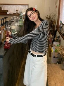 DAZY 女士圆领条纹韩版休闲长袖T恤，春秋装，秋季女装 - 灰色 - 查看 2