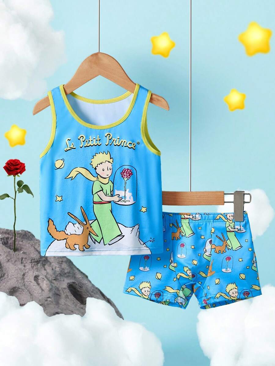 LE PETIT PRINCE X SHEIN 男童卡通图案背心和短裤内衣套装 - 藍色 - 查看 1