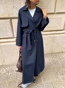 Aloruh 女士休闲纯色翻领腰带加长海军蓝秋冬风衣 - 藏蓝色 - 查看 5