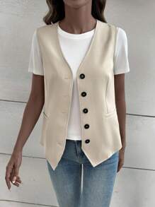 Leighera Button Front Vest Jacket Without Tee - Apricot - View 4