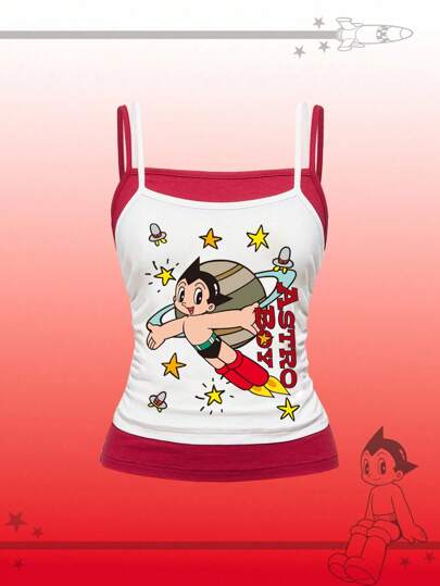 Astro Boy X ROMWE Top tipo camiseta de 2 en 1 con diseño de dibujos animados y bloques de color para mujer