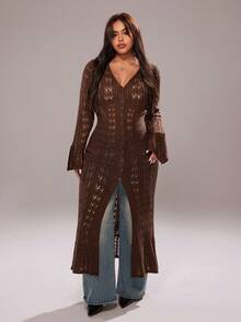 Rustia 返校棕色长款开衫、镂空针织毛衣开衫、休闲风长款喇叭袖毛衣开衫