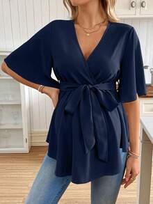 SHEIN V领荷叶边孕妇上衣（配腰带） - 藏蓝色 - 查看 3