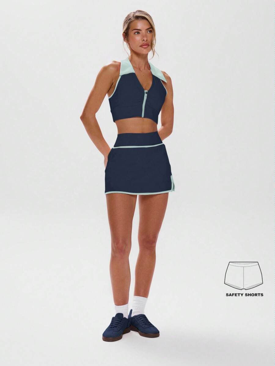 Musera Sport 低腰撞色边短裙运动健身健身房板网球壁球泡菜球健身 - 藏蓝色 - 查看 1