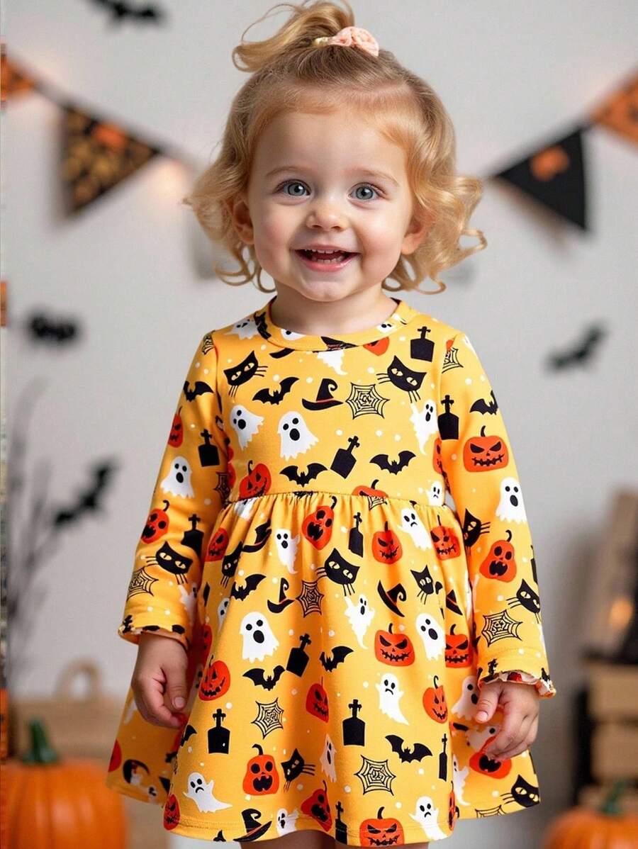 SHEIN Playful Pals OBaby Girl 系列黄色万圣节幽灵和南瓜蝙蝠印花可爱休闲舒适长袖节日连衣裙，适合万圣节派对 - 彩色 - 查看 1
