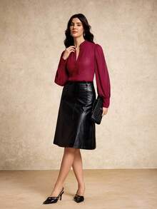 House of One Blouse en mousseline de soie à manches longues bouffantes et boutonnée, couleur bordeaux. Blouse décontractée transparente pour femmes, Top bordeaux, Top rouge pour femmes