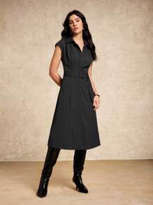 House of One Button-Up Solid Woven Collared Midi Dress Women Casual Business Office Wear Spring Autumn Collared Dress Women Shirt Dress Black Shirt Dress Belted Shirt Dress