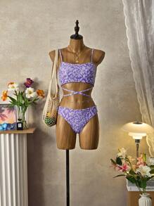 SHEIN Swim 夏日沙灘鮮花迷你交叉綁帶比基尼 - 彩色 - 查看 1