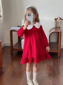 Emery Rose Kids Emery Rose Kids Young Girl Corduroy Patchwork Lace Peter Pan Collar Long Sleeve Dress, Long Sleeve Fitted Casual Cake A-Line Dress,Autumn Winter New Arrival,Young Girl , Daily Wear, School, Autumn & Winter,Pairing White Shirt,Back To School Season.College Style, For Christmas, Girls Winter Clothes,Christmas Clothes, Party Wear, Daily Wear School Daily, Birthday Clothes, Princess Clothes,Mom And Daughter & Sisters Matching,For Halloween.Red Dress. Fall