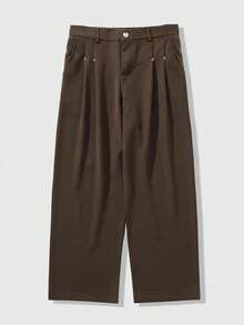 ROMWE MEN Street Life Celana Kasual Pria Polos Lipit Lurus Longgar - Coffee Brown - View 4