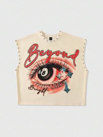 Street Life Men's Letter & Eye Print Round Neck Rivet Loose Tank Top