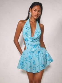 SHEIN BAE 女式夏季雪纺串珠刺绣露背迷你连衣裙 - 藍色 - 查看 2