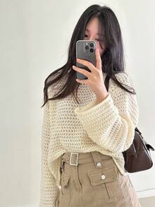 DAZY Hollow Out One-Shoulder Loose Knit Sweater Women, Cropped Flare Sleeve Pullover Fall - Apricot - View 7