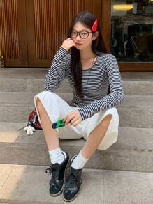 DAZY 女士圆领条纹韩版休闲长袖T恤，春秋装，秋季女装 - 灰色 - 查看 7