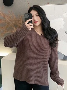 Dazy Plus V-Neck Solid Ribbed Loose Casual Plus Size Sweater For Women, Autumn - Brown - View 4