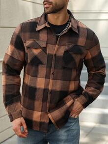 Manfinity Homme Camicia casual a maniche lunghe con motivo a quadri, taglia oversize, per uomo. Camicia in flanella da esterno, stile western, camicie a quadri da uomo, camicia in flanella marrone per uomo