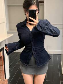 DAZY 女士翻领长袖收腰开衩下摆休闲优雅牛仔衬衫 Y2k