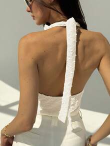 Aloruh New Macaron Knitted Jacquard Textured Fabric Halter Tie-Up Sexy Backless Deep V Neck Camisole - Apricot - View 2