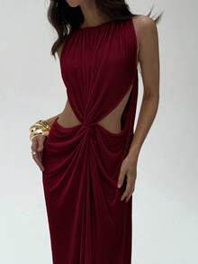 Aloruh 女式纯色褶皱圆领镂空无袖连衣裙 - 酒紅色 - 查看 5