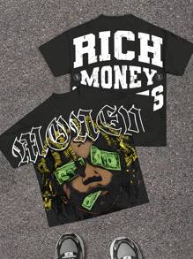 SHEIN 青少年男孩休闲时尚酷炫经典帅气金钱大亨肖像图案，时尚“RICH MONEY SMILES”文字印花短袖圆领 T 恤，适合夏季 - 彩色 - 查看 6