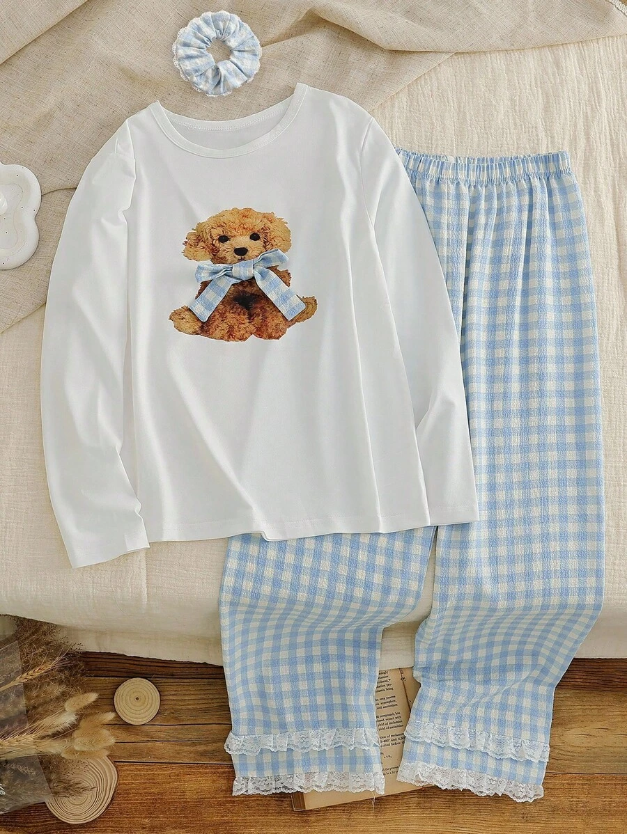 2 件套女童休闲狗狗印花长袖上衣和蓝色格子裤舒适睡衣套装 - 白色 - 查看 1