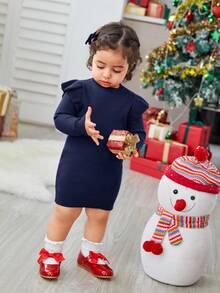 SHEIN 女婴圣诞秋冬可爱红色简约荷叶边长袖毛衣裙 - 藏蓝色 - 查看 5