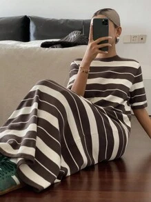 Livesso Women's Summer Round Neck Short Sleeve Striped Knit Dress Women Sweater Dresses Sundress Maxi Dress - Brown - View 6