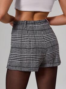 Avenya 女士黑白千鸟格拉绒低腰短裙 - 黑與白 - 查看 6