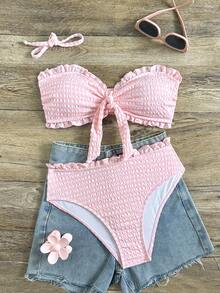 Swim Mod Bộ đồ bơi đi biển cho nữ, vải kẻ sọc hồng trắng có họa tiết, viền nhún bèo, dây đeo rời, thiết kế bandeau, bộ đồ bơi đi biển thường ngày thời trang và ngọt ngào - Hồng - Xem 2