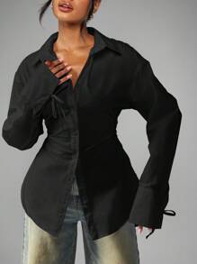 MISSGUIDED Áo sơ mi công sở thanh lịch cỡ lớn, tay dài, cài nút, eo nhún, thắt nơ, chi tiết cổ tay, thời trang công sở chuyên nghiệp mùa thu đông, trang phục công sở - màu đen - Xem 5