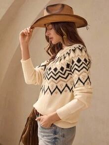 Casual Crew Neck Long Sleeve Basic Sweater With American Country Fair Isle Pattern, Beige, Autumn/Winter Women Sweaters Pullover For Women Winter Women Western Wear Fair Isle Sweater 2000s Country Concert Western Wear Women Boho Country Going Out,Fall - Apricot - View 2