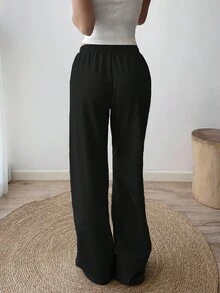 Sunnyshic Grey 87 Embroidered Low Waist Ribbed Contrast Color Drawstring Tie Slant Pocket Straight Leg Loose Casual Sweatpants, Suitable For Home, Daily, Street, Vintage Sports, Minimalist Design, Spring/Summer For Women Fall Cloth For Women - Black - View 2
