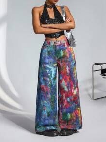 SHEIN CURVE+ Plus Size Colorful Print Casual Denim Jeans - Multicolor - View 4