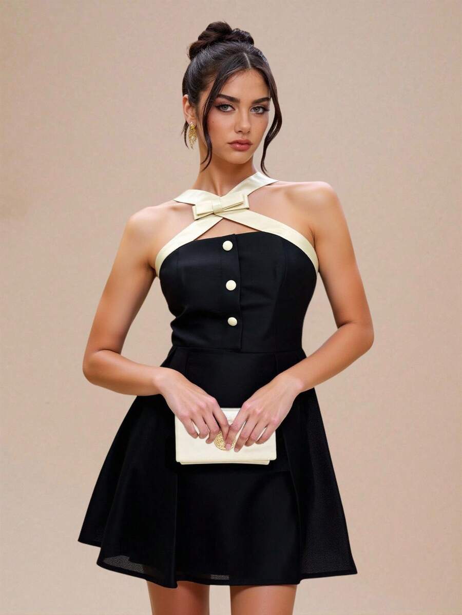 Modelyn 女士优雅水钻扣拼色修身喇叭短裙 - 黑色 - 查看 1