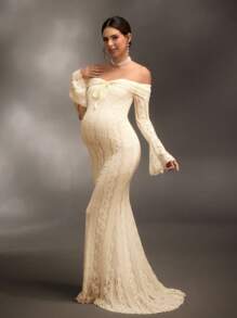 Cheriluna Maternity 优雅露肩白色蕾丝长袖美人鱼长裙，适合婚礼、派对、迎婴派对、孕妇写真拍摄、洗礼 - 杏色 - 查看 6