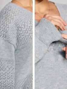 Momelise Plus Size Solid Color Hollow Out Knit Sweater, Casual For Autumn/Winter Fall Cloth For Women - Light Grey - View 8