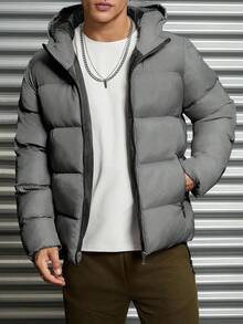 RueChic 1pc Men's Casual Patterned Grid Fabric Slim Fit Padded Coat - Grey - View 5