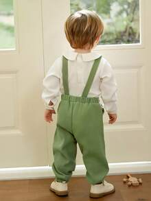 Souflis Souflis 2 件套男婴休闲白色长袖上衣和浅绿色无袖连体裤，秋冬 - 彩色 - 查看 2