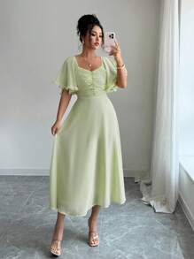 Modelyn Women's Solid Butter Yellow Chiffon Ruffle Sleeve Design Summer French Style Vacation Dress - Green - View 7