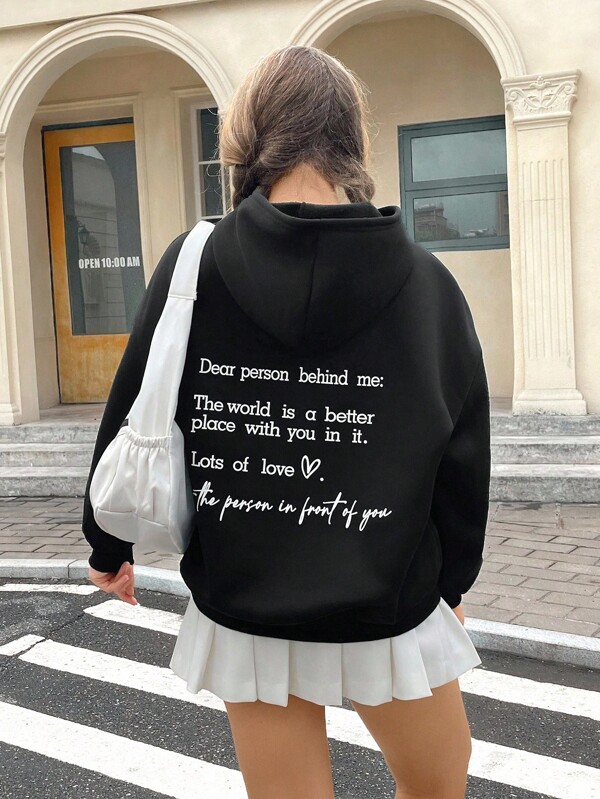 SHEIN Teen Girl Heart & Slogan Graphic Hoodie,In Fall/Winter