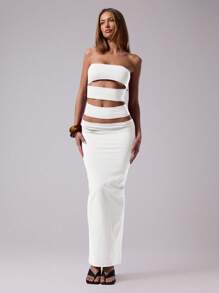 MUSERA 性感镂空修身优雅抹胸无袖连衣裙，适合春夏俱乐部度假、伊比沙岛海滩音乐节、婚礼宾客派对、时尚新娘单身派对、告别单身派对等场合。性感镂空修身无肩带长裙，适合春夏赛马会、度假、婚礼宾客等场合。 - 白色 - 查看 4