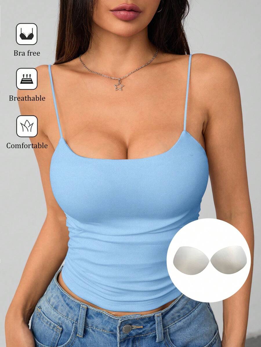 SHEIN PETITE Áo ba lỗ hở ngực bó sát cổ tròn thoáng khí cơ bản màu trắng dành cho nữ - Màu xanh nhạt - Xem 1