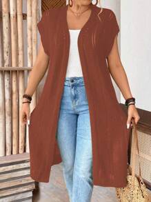 EMERY ROSE Halloween Plus Size Women Sleeveless Hollow Out Long Cardigan, Lightweight, Suitable For Vacation, Commute, St. Patrick's Day, Spring/Summer - Redwood - View 5