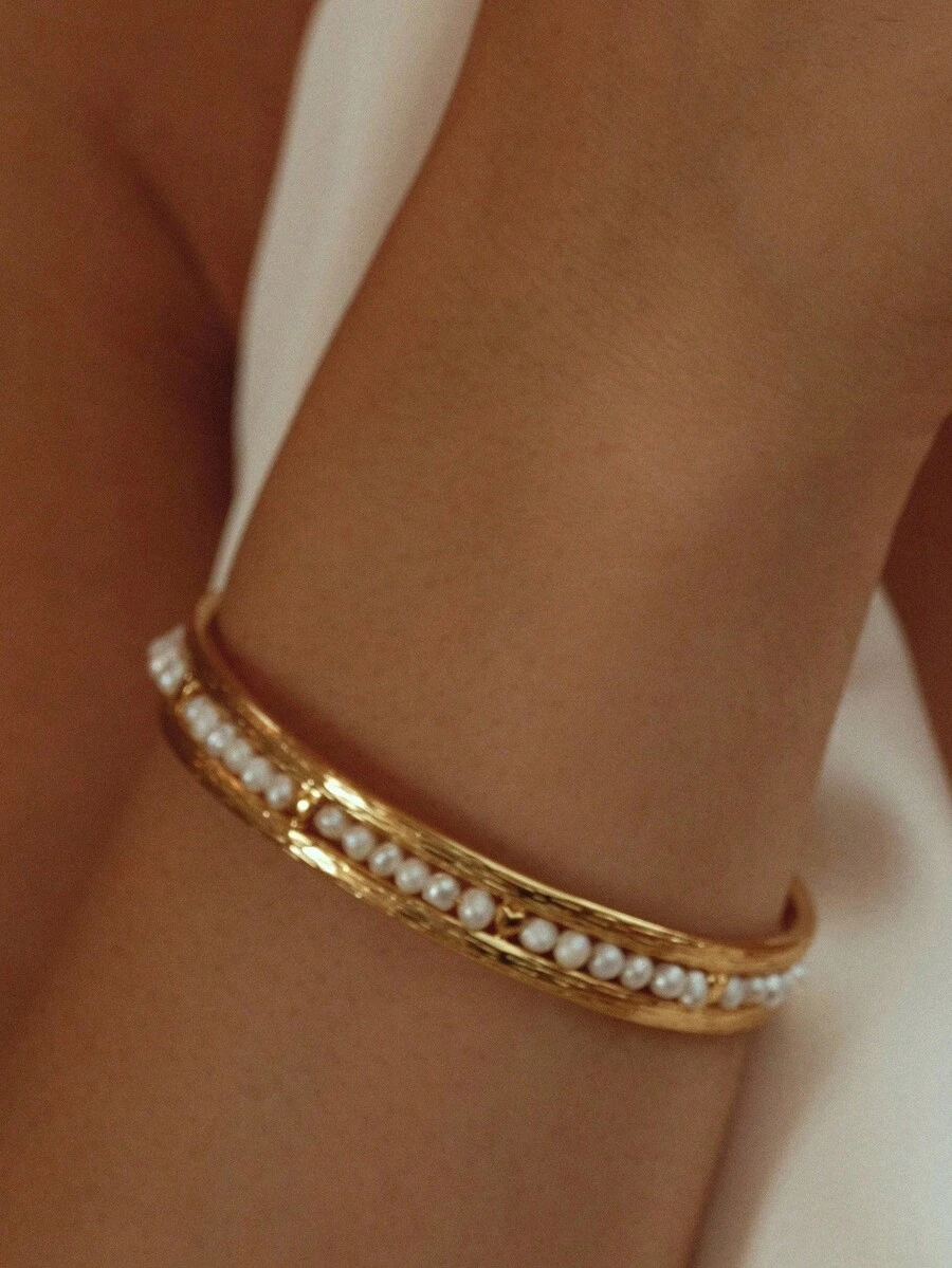 Opalesca 1 Cặp vòng tay hở bằng ngọc trai/xà cừ, có họa tiết, kim loại/hoàn thiện bằng kim loại, hạt vàng 18k, thích hợp cho tiệc tùng, thường ngày, công sở, thanh lịch, dễ thương, sang trọng, đám cưới, ngày lễ, kỳ nghỉ, cắm trại, Y2K, dành cho mẹ, phụ nữ, con gái, mùa thu, mùa đông, lễ hội, ngày lễ, kỳ nghỉ, tiền cũ, halloween - Vàng - Xem 1