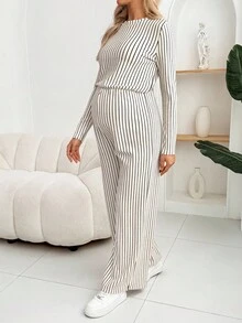SHEIN 孕妇条纹圆领长袖休闲阔腿连体裤 - 杏色 - 查看 4