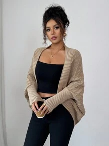 Elenzga 女式卡其色休闲套头开衫，复古街头风格，适合节日、独立日、音乐会、办公室、约会、职业装，蝙蝠翼廓形，中长款，优雅百搭的针织毛衣，秋冬 - 卡其色 - 查看 4