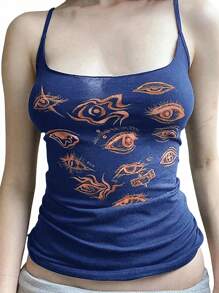 INAWLY Women's Fashionable Eye Print Slim Fit Tank Top For Summer - Blue - View 4