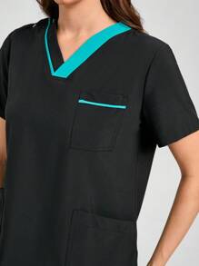 Scrubzie Bộ đồng phục quần áo và cổ áo màu tương phản, bộ đồ phẫu thuật đa năng - màu đen - Xem 4