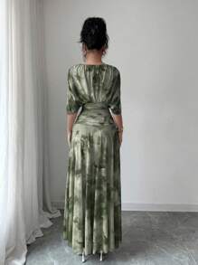 Elenzga Women's Tie-Dye Print V-Neck Ruched Batwing Sleeve Elegant Dress - Army Green - View 2